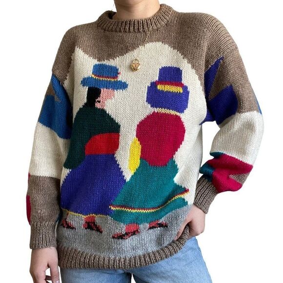 Vintage Hand Knit Peruviuan Alpaca Crewneck Oversized Rainbow Boho Sweater Sz XL - Picture 2 of 7